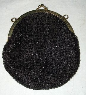 1940s ERA BLACK BEADED SMALL CLUTCH PURSE WITH GOLD TONE