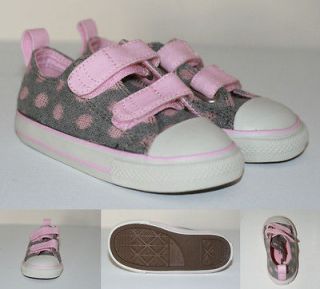 Converse Toddler Girls Grey Pink Polka Dot Velcro Trainers, sizes 5