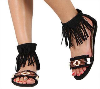 NEW Bamboo Womens Sandals Black Roman Gladiator Fringe Ankle Strappy