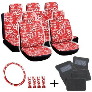 Red Hawaii Floral Black SUV Seat Cover Wheel+Belt Pad+ Gray Floor Mats