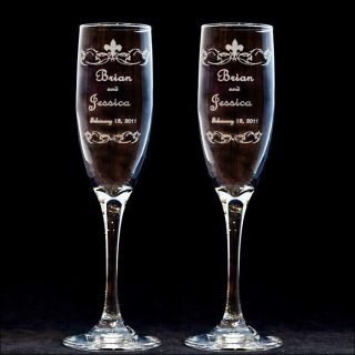 Personalized Fleur de Lis Wedding Toasting Flutes Engraved Champagne