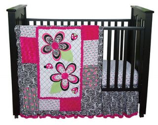 PINK ZEBRA PRINT FLOWERS LADY BUGS GIRL 4pc+Valance Nursery crib set