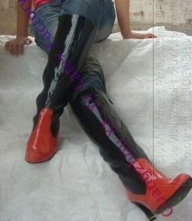 Kitten heel two tone latex rubber thigh high boots,gummy stiefels