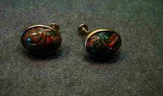 1950s Green & Red Lucite Scarab Earrings Screw Back