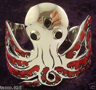 TAXCO MEXICAN STERLING SILVER RED CORAL OCTOPUS CUFF BRACELET MEXICO