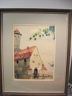 VINTAGE WATERCOLOR PAINTING EUROPEAN? FARM? LIGHTHOUSE w/ TUNNEL