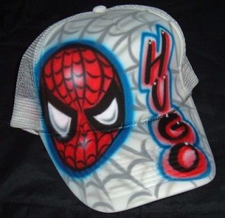 Airbrush White Trucker Hat With Personalized Name and Spiderman Face