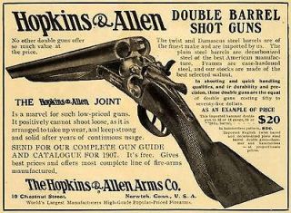 1907 Ad Hopkins Allen Arms Damascus Double Barrel Shot Guns Hunting