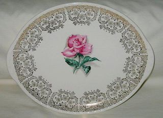 Crooksville China USA Pink Rose w/Gold Filigree Design Oval Platter
