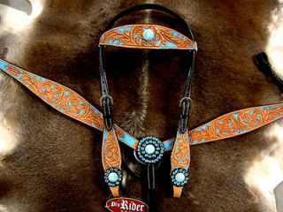 HORSE BRIDLE BREAST COLLAR WESTERN LEATHER HEADSTALL TURQUOISE CARVED