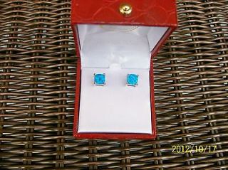 Created Cushion Cut Blue Earrings 14 Karat White Gold Plated 3 Carats