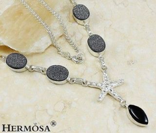 Hot Fashion Gray Agate Druzy,Onyx Sterling Silver Necklace 19; E8056