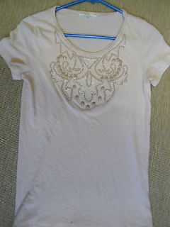 CREW Small Pale Pink Jeweled Collar Cotton T shirt