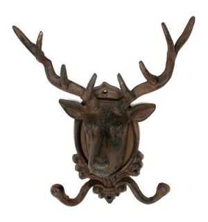 CAST IRON Deer/Elk Head Wall Mount Hook Hanger Rustic Brown Lodge