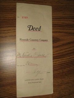 1918 Burial Deed to Cemetery Lot in Norristown, PA   By Riverside
