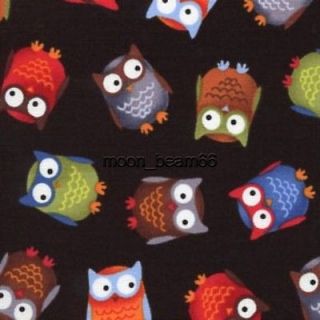 Owls on Black Cotton Fabric from Bright Eyed and Busty Tailed Timeless