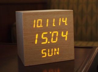Real Wooden Square LED Clock / Alarm, Snooze, Year Month Display