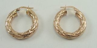 14K Rose Gold Hoop Earrings Italy Textured Hollow Milor
