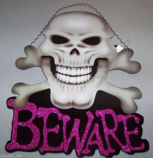 HALLOWEEN Party Decor Skeleton BEWARE Sign Plaque