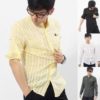 Mens slim stripes see through thin cotton casual shirts adjustable