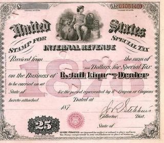 1876 MOONSHINE Whiskey STILL Liquor License Bar Brewer Distillery Tax