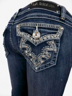 LA Idol Jeans Crystal Tribal Tattoo Whip Stitching Pockets Bootct