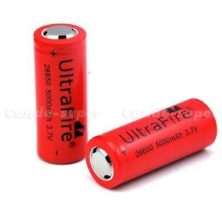 2PCS 5000mAh 3.7V 26650 Rechargeable Lithium casu Battery Red