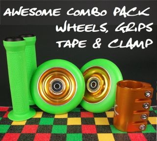 Gold Green Metal Core Scooter Wheels inc bearings + Grips + Tape