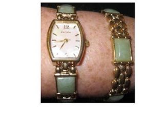 Ladies Elgin Gold Tone Watch And Bracelet Set With MOP Face & Jade