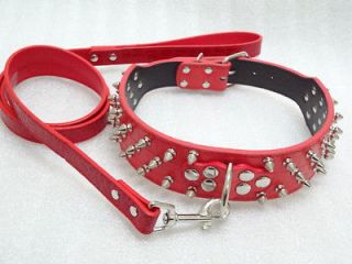 Wide Spiked Studded Leather Dog Collar + 48inch Length Leash lead Set