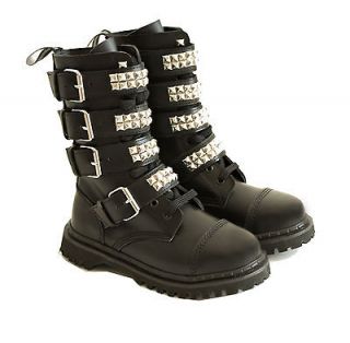Mid Calf Studded Combat Leather Boots Biker Steampunk Gothic Punk Emo