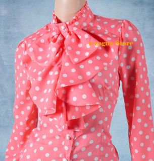 Clothes Ruffle Front high neck polka dot Print Top Blouse Shirt