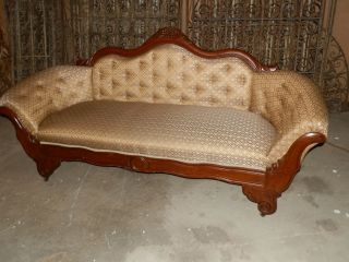 GORGEOUS TUFTED 72 VICTORIAN SOFA WITH CARVED DETAIL