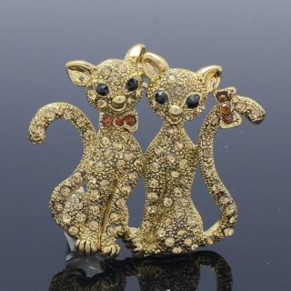 Pair Of Cats Queen & Tom Brooch With Brown Swarovski Crystals Vintage