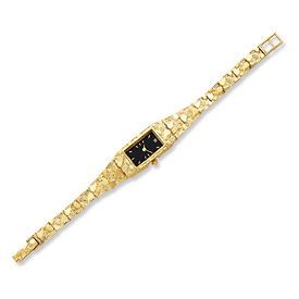 10k Gold Ladies Blck Dial Rectangular Face Nugget 7 Watch