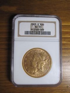 1865 S $20 GOLD CORONET HEAD DBL EAGLE COIN NGC AU55