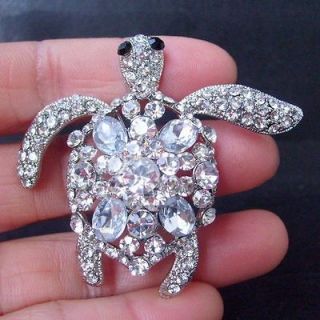 Lovely Turtle Tortoise brooch pin w clear Rhinestone crystals