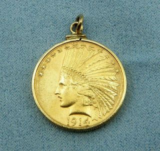 10 Indian Head Eagle Gold Coin Pendant Set in 14K Gold Bezel, Nice