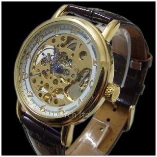 Gold Mens Vintage WristWatch Mechanical Skeletons Frame