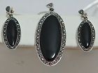 Silver, Marcasite and Onyx Pendant 16 Necklace & Earring Set NWT