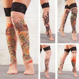 Illusion Tattoo Style Sheer Lace Top Thigh Highs Rockabilly Goth