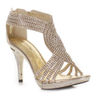 GOLD WOMENS LADIES DIAMANTE WEDDING HIGH HEEL PROM SHOES SANDALS SIZE