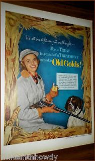 1952 POINTER Gun Dog~Woman w/Shotgun~Old Gold AD