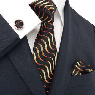 Newly listed Landisun AB18005 Black Orange Wave Mens Silk Tie Set40%