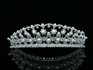 Bridal Pageant Rhinestones Crystal Pearl Wedding Silver Crown Tiara