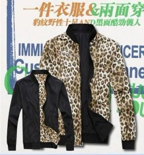 New Fashion Leopard  sided wear mens stand up collar JacketCoat SIZE