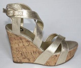 Shoes G by Guess PIONEER 2 Platform Wedge Sandals Heels Metallic Gold
