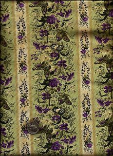 Fleur de lis Stripe Print purple tan on lt green Fabric by Cheri L