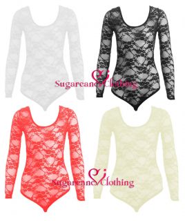 I11 NEW LADIES LACE FLORAL LONG SLEEVE BODYSUIT WOMENS TOP LEOTARD IN