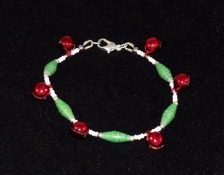 Green Christmas Paper Bead Bracelet 7 Inches Holiday Red Jingle Bells